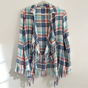 4/$25 Willow & Clay Aria Open Plaid Fringe Top in White Blue Orange size Small